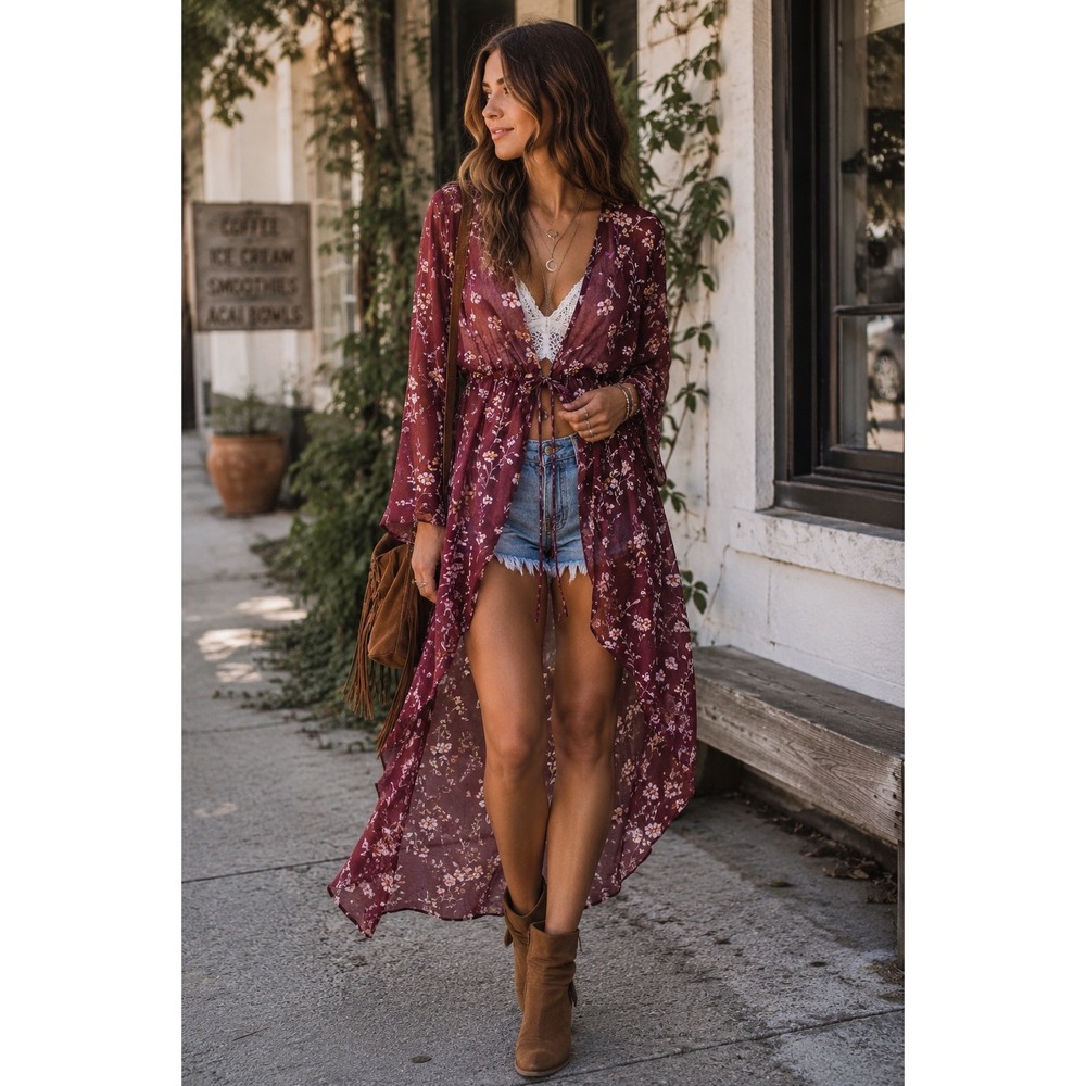Cure Burgundy Floral Sheer Duster Cardigan High Low Drawstring Waist Medium